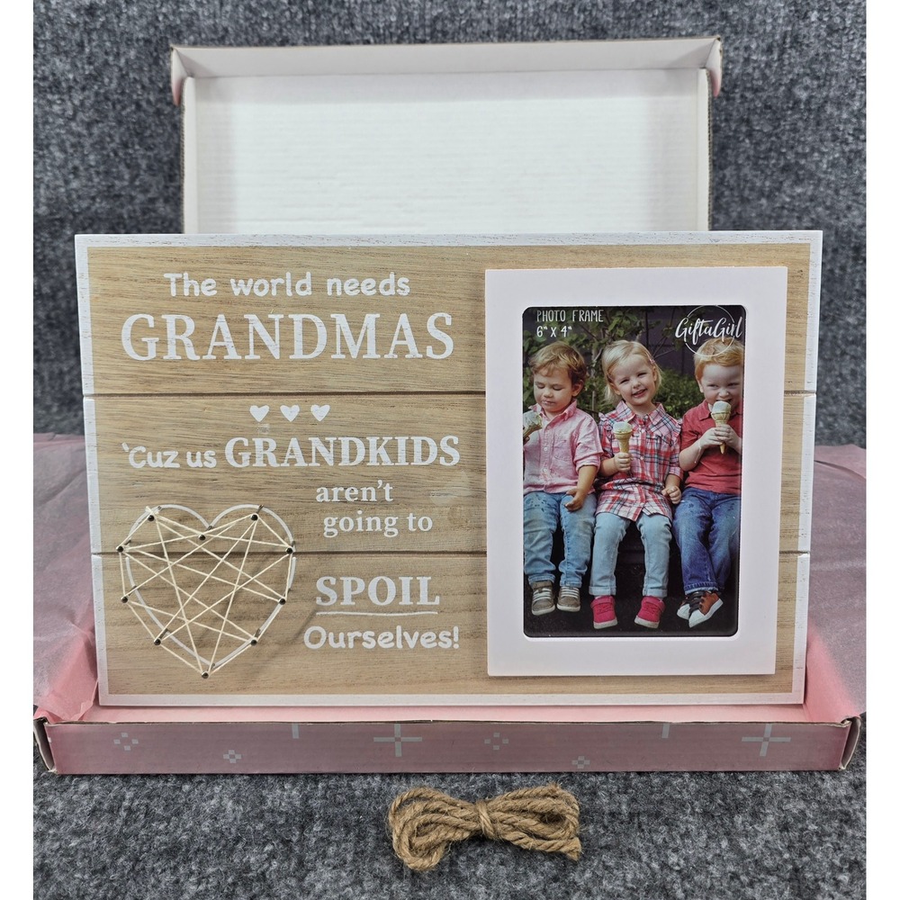 GiftaGirl Grandmas Grandkids Wood‎ Picture Frame Beige String Art Heart Gift NEW